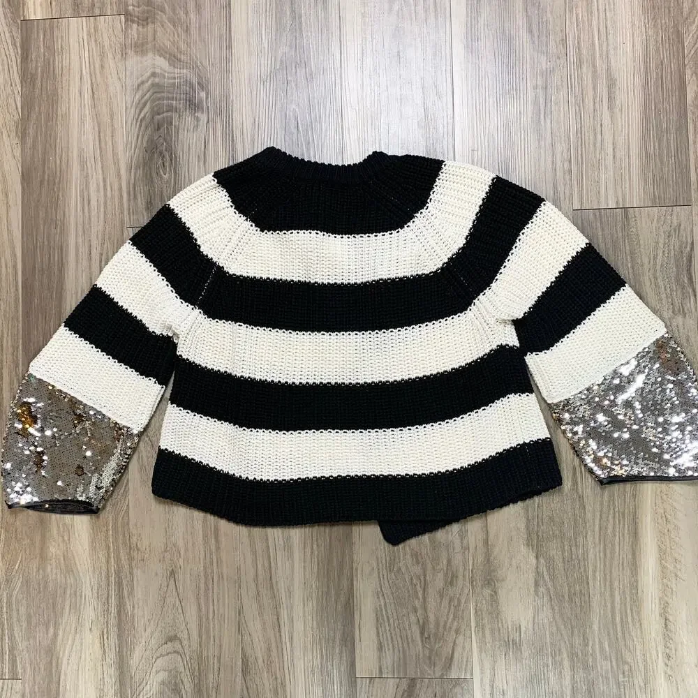 (Nude) Striped Long Glitter Sequin Sleeve Open Front Cardigan Sweater-38
